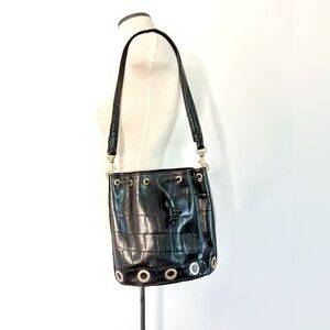 Vintage Michel Orlean France Black Leather Crocodile Embossed Tote Bucket Bag